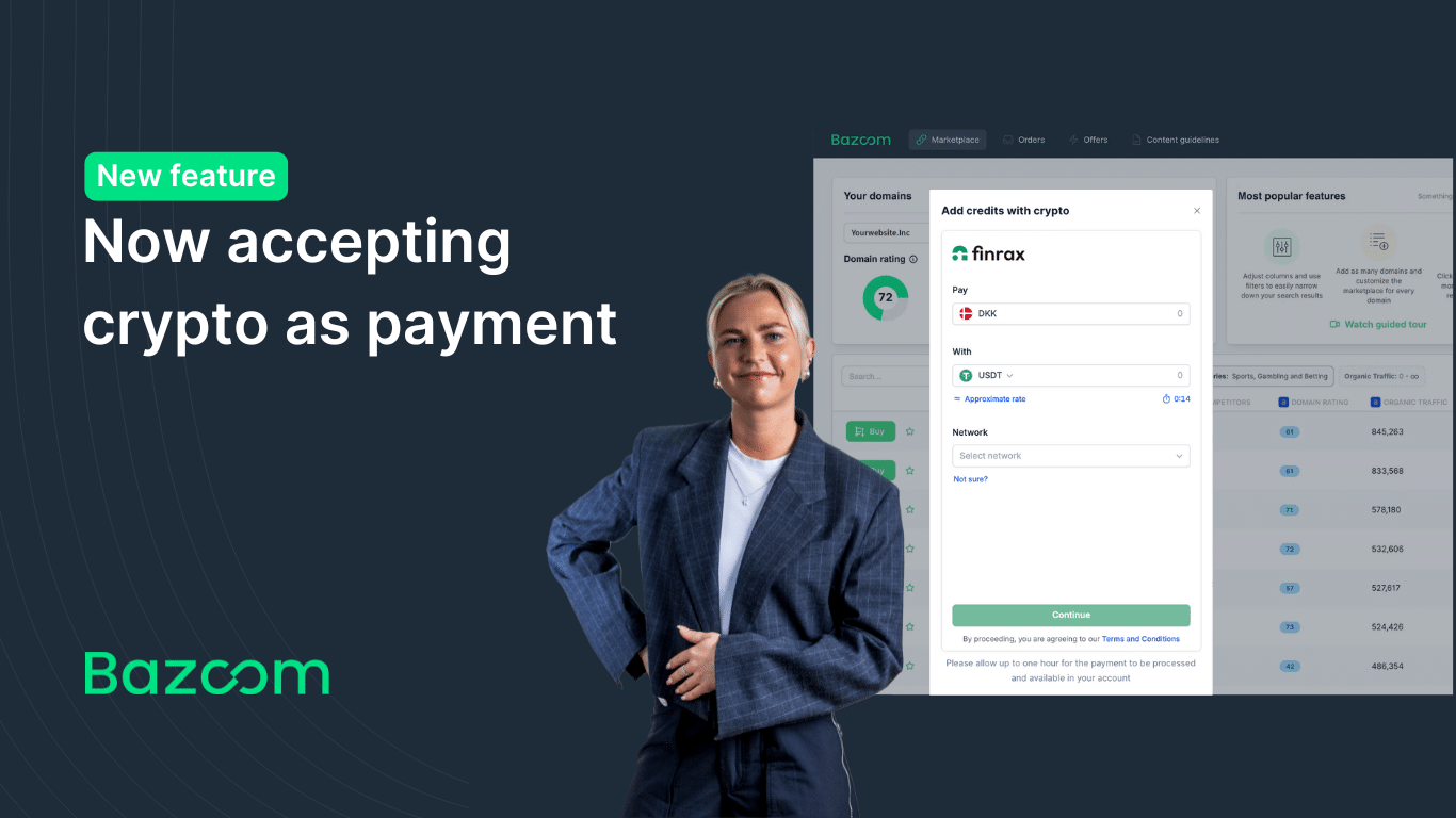 Pay for backlinks with crypto: Fast, easy, and reliable at Bazoom.com
